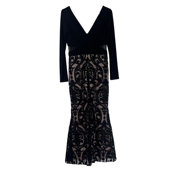 XSCAPE Black Lace Long Sleeve Formal Gown 8 Maxi Dress Sheer Waist Homecoming - Picture 7 of 8